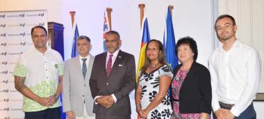 From left to right: Craig Strong, President and CEO of Investment Fidji, René Consolo, Chargé dAffaires at the French Embassy in Fiji, Faiyaz Koya, Fijian Minister for Trade, Tourism and Transportation, Rose Wete, Official Representative of New Caledonia