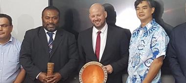 Christopher Gygès, alongside Fiji's Health Minister (left) and the Ambassador of France to Suva (Right)