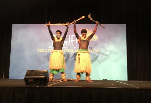Willye Cahma and Léon Wahetra from the association BUA Kedeigne during their dancing performance at the  Pacific Exposition 2019.