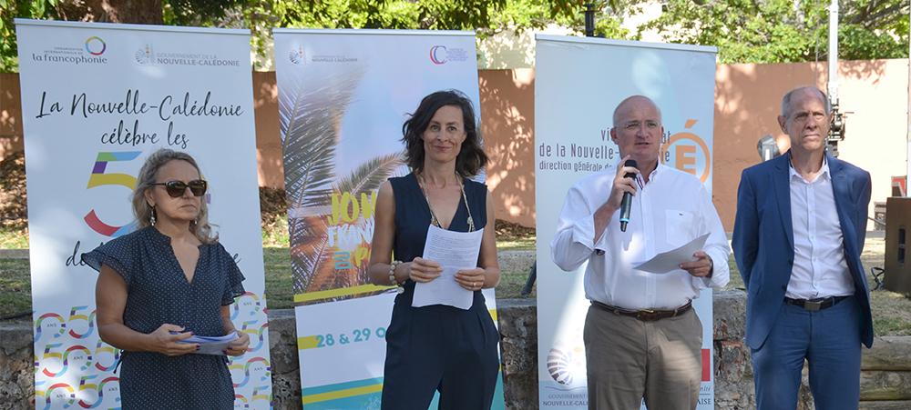 Le membre du gouvernement Yoann Lecourieux, Valérie Meunier (CREIPAC), Isabelle Arellano et Érick Roser (vice-rectorat) ont ouvert les Journées francophones du Pacifique. 