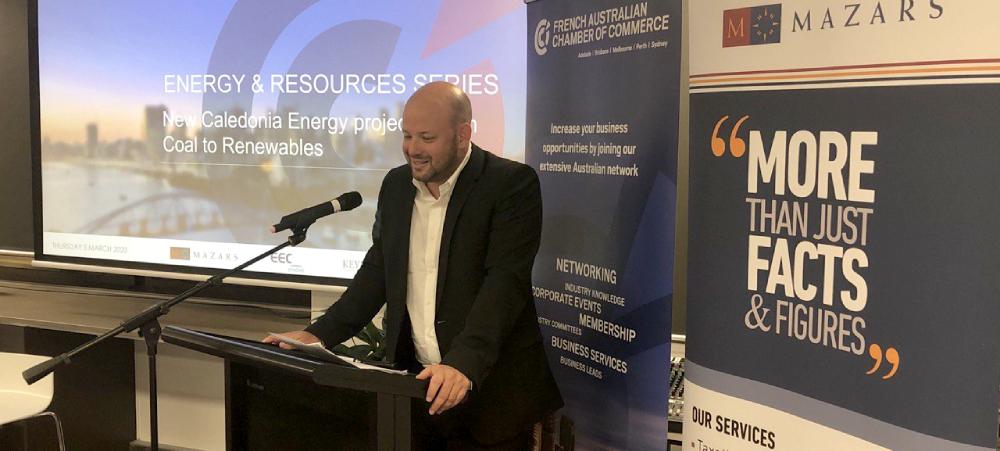 Christopher Gygès a prononcé un discours pour promouvoir la transition énergétique calédonienne à la Chambre de commerce franco-australienne. 